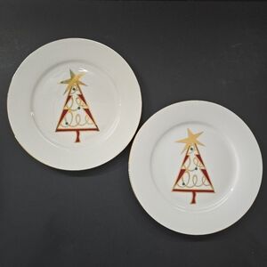 Pier 1 Christmas Tree Lunch Plates Green Red Gold Salad Dessert 7.5” Set of 2